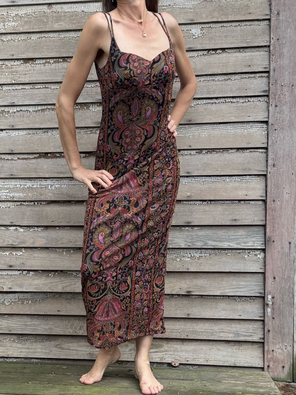 90s Vintage Paisley Maxi Dress Crisscross Back - Mesh  dress open strappy back - Picture 3 of 13